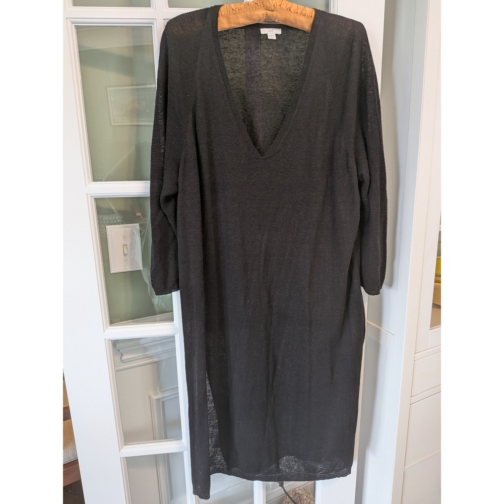 J. Jill Black Linen Blend V-Neck Sheer Longline Tunic Sweater Dress XL Tall
